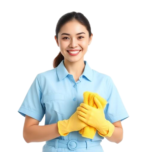 Smiling Kleany cleaner holding cloth