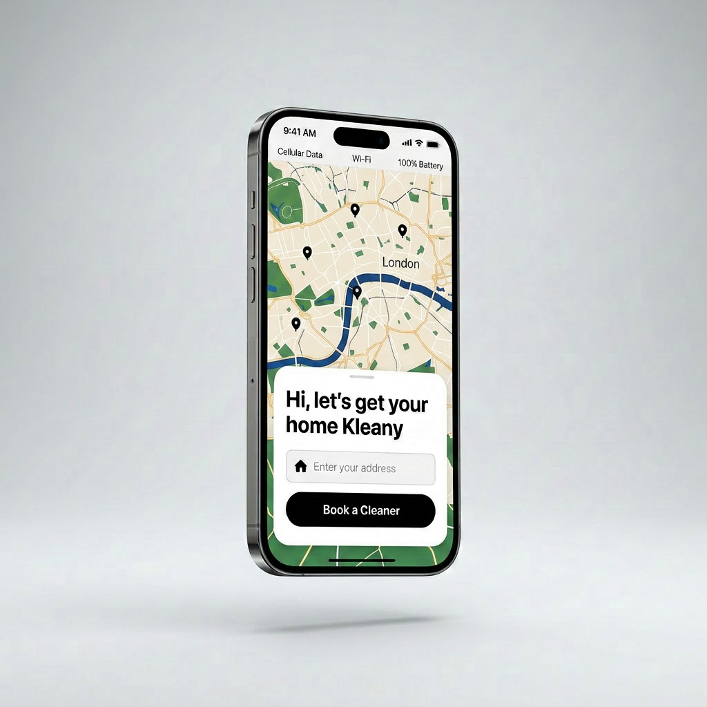Kleany app showing booking interface on a smartphone